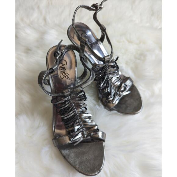 Carlos by Carlos Hamptons Santana Silver Pewter T Strap Stiletto Sandal Sz 7 - Picture 1 of 9